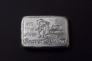 Beaver Bullion Hand Poured 2 oz .999 Pure Silver Bar