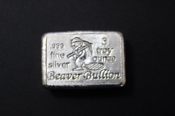 Beaver Bullion Hand Poured 3 oz .999 Pure Silver Bar